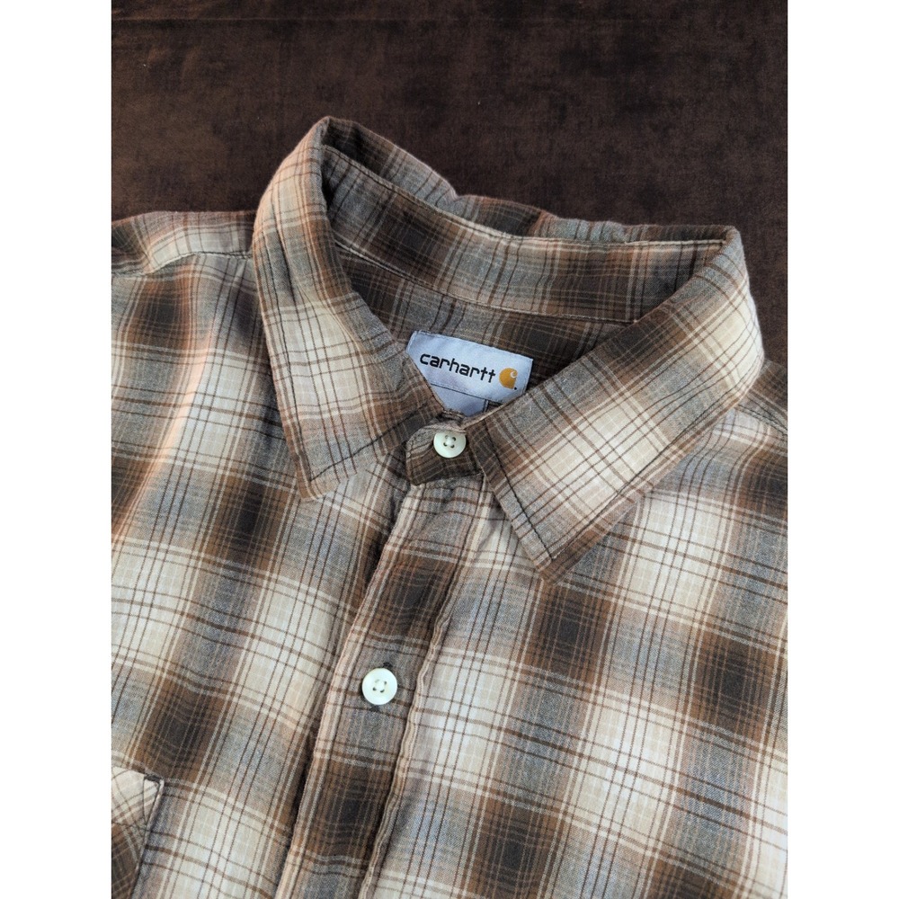 Carhartt Mens Large Brown Plaid Long Sleeve Button Down Work‎ Shirt 100% Cotton